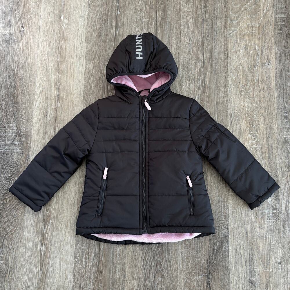 Hunter Toddler Girls Puffer Jacket in Black Pink - Size: 4T